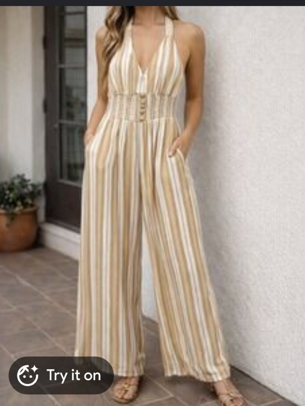 American Eagle Outfitters Striped Wide-Leg Romper in Tan & White